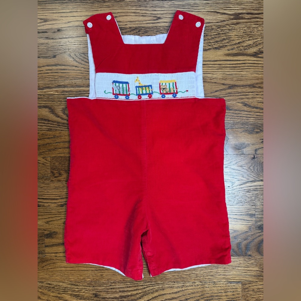 Anavini Boys Fine Wale Red Corduroy Train with Animals Smocked Kids Overalls 4T